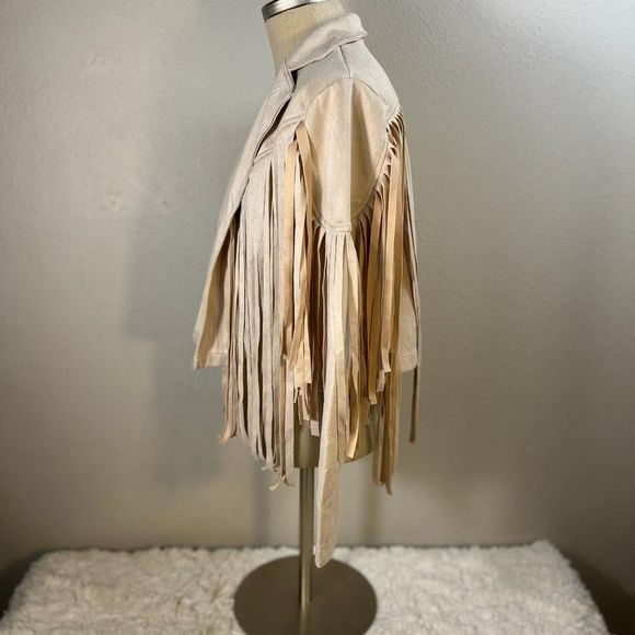 Western Tassel Notch Lapel Collar Long Sleeve Open Front Jacket Cream Size M - Picture 4 of 7